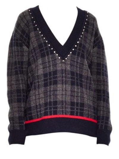 Shop Sandro Embellished Plaid Sweater In Deep Navy