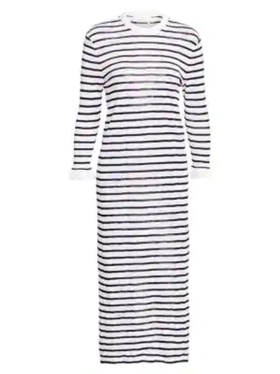 Shop Chloé Cotton Stripe Lace Knit Long Sleeve Dress In Iconic Navy