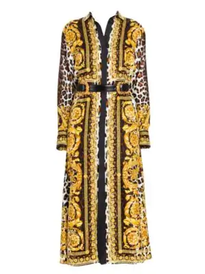 Shop Versace Silk Twill Belted Dress In Black Gold