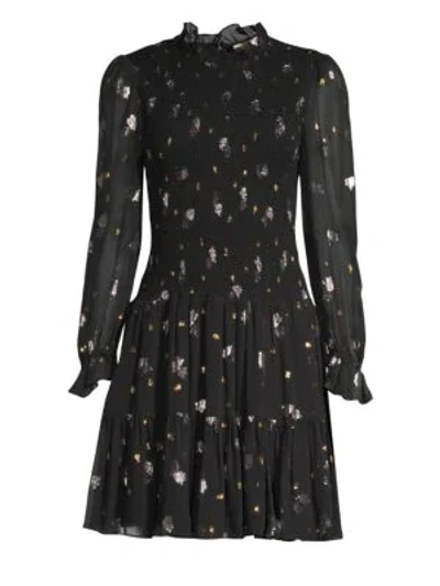 Shop Rebecca Taylor Metallic Tulip Print Smocked Flare Dress In Black