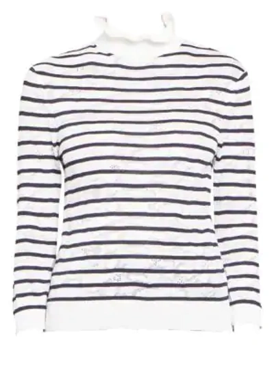 Shop Chloé Cotton Stripe Lace T-neck Knit Pullover In Uconic Navy