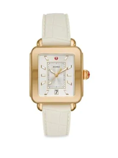 Shop Michele Watches Deco Sport Goldtone Embossed Silicone Watch In White