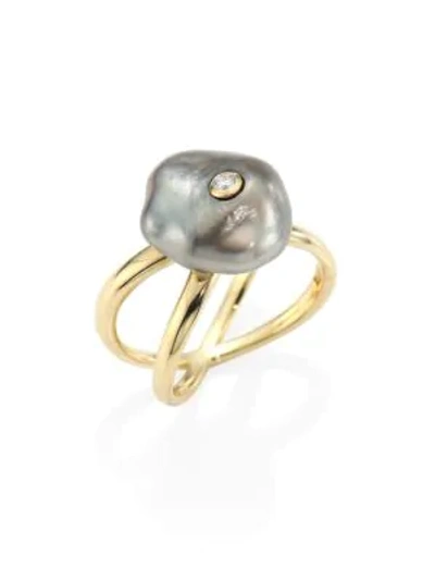 Shop Mizuki Diamond, 10mm Grey Baroque Tahitian Pearl & 14k Yellow Gold Crossover Ring In Gold Grey