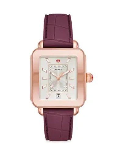Shop Michele Watches Deco Sport Pink Goldtone Plum Embossed Silicone Watch In Purple