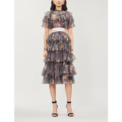 Needle & Thread Venetian Rose Tulle Dress In Graphite | ModeSens