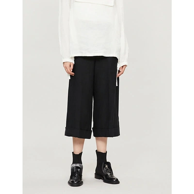 Shop Yohji Yamamoto Wide Cropped Linen Trousers In Black