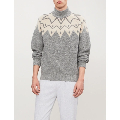 Shop Brunello Cucinelli Geometric-pattern Turtleneck Wool-blend Jumper In Grey