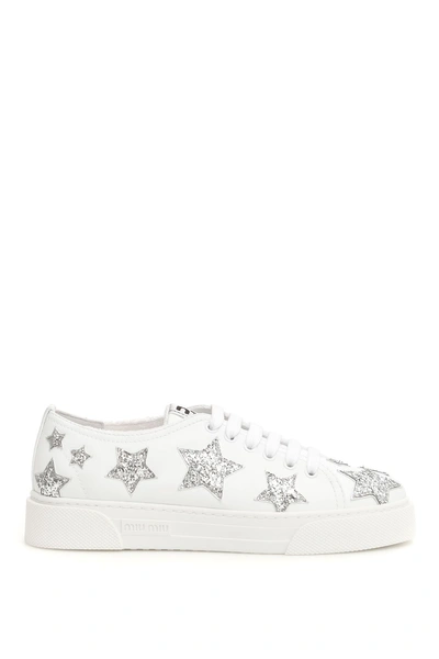 Shop Miu Miu Glitter Star Sneakers In Bianco Argento|bianco