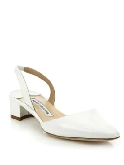 Shop Manolo Blahnik Aspro Patent Leather Block Heel Slingbacks In White