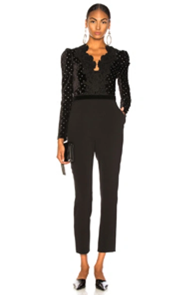 Shop Self-portrait Lace Trimmed Velvet Diamante Jumpsuit In Black