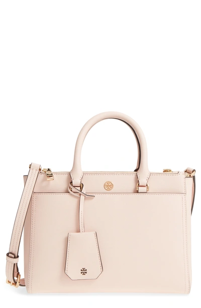 Shop Tory Burch Small Robinson Double-zip Leather Tote - Pink In Pale Apricot / Royal Navy