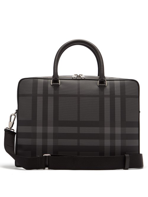 Burberry Ainsworth London-check Leather Briefcase In Grey | ModeSens