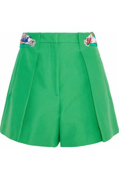 Shop Emilio Pucci Woman Printed Twill-trimmed Pleated Cotton Shorts Bright Green
