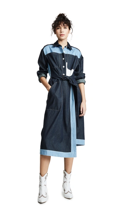Shop Colovos Belted Two Tone Shirtdress In Dark Blue/light Blue