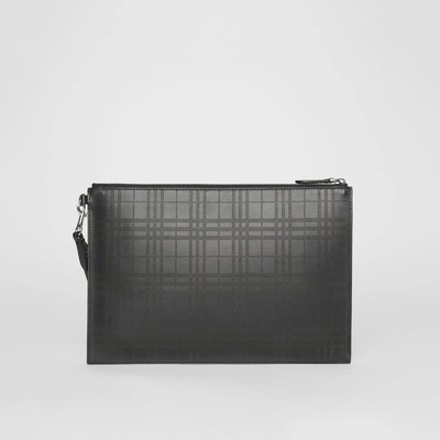 Shop Burberry Perforated Check Leather Zip Pouch In Black