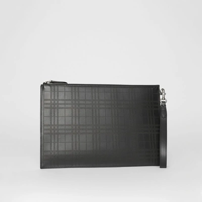 Shop Burberry Perforated Check Leather Zip Pouch In Black