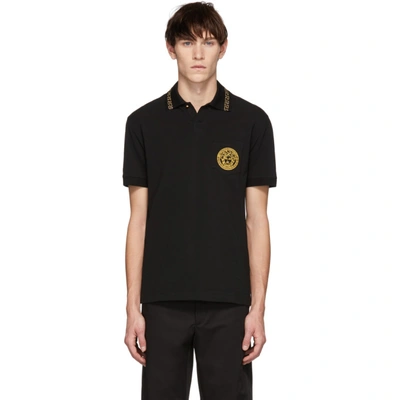 Shop Versace Black And Gold Round Medusa Polo In A92y Blk/go