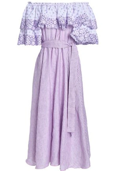 Shop Gül Hürgel Off-the-shoulder Printed Broderie Anglaise Linen Midi Dress In Lilac
