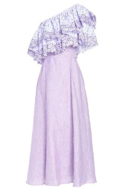 Shop Gül Hürgel One-shoulder Ruffled Printed Cotton And Linen-blend Midi Dress In Lilac