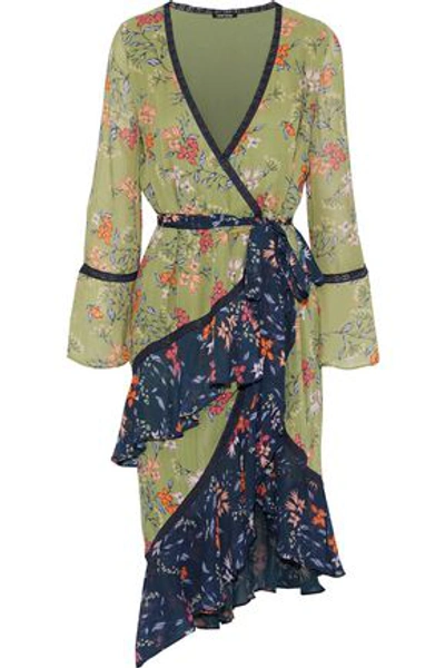 Shop Love Sam Woman Lace-trimmed Ruffled Floral-print Chiffon Wrap Dress Sage Green