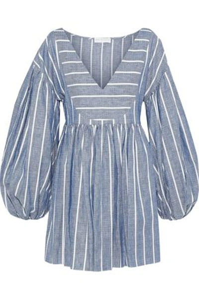 Shop Caroline Constas Woman Anais Striped Linen And Cotton-blend Mini Dress Blue