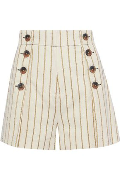 Shop Derek Lam 10 Crosby Button-embellished Striped Twill Shorts In Pastel Yellow