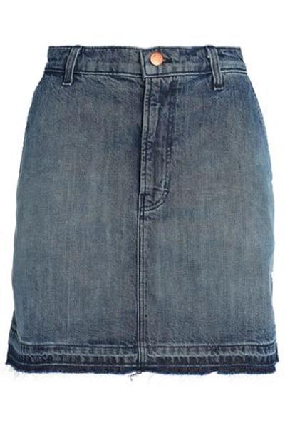 Shop J Brand Woman Frayed Denim Mini Skirt Dark Denim