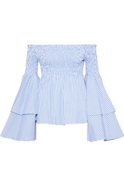 Shop Caroline Constas Woman Appolonia Off-the-shoulder Striped Cotton-poplin Top Light Blue