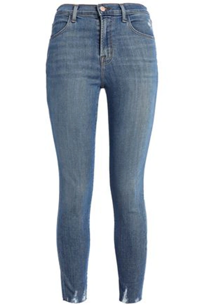 Shop J Brand Woman Distressed Faded High-rise Skinny Jeans Mid Denim