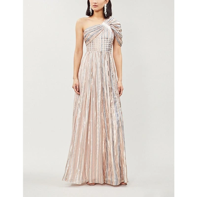 Shop Peter Pilotto Striped One-shoulder Lamé Gown In Silver