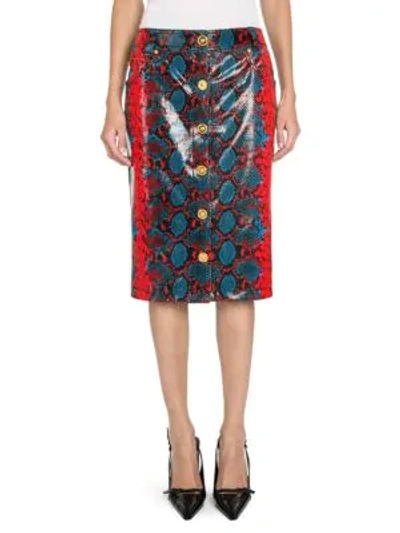 Shop Versace Python Print Leather Button Front Midi Skirt In Red Turquoise