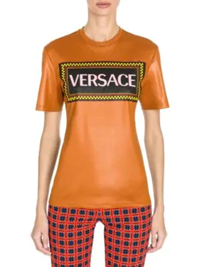 Shop Versace Shiny Jersey Rubber Logo Tee In Tan