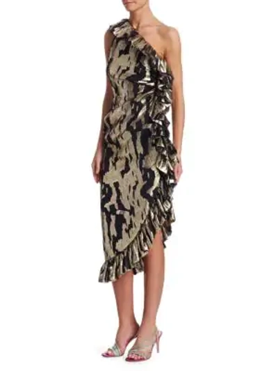 Shop Attico One Shoulder Ruffle Sheath Dress In Gold Black