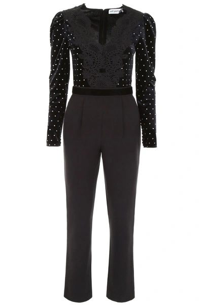 Shop Self-portrait Jumpsuit With Velvet And Crystals In Black