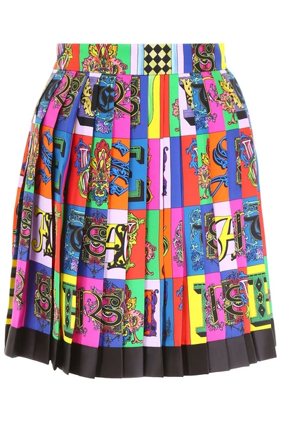 Shop Versace Alphabet Print Kilt Skirt In Multicolor|blu