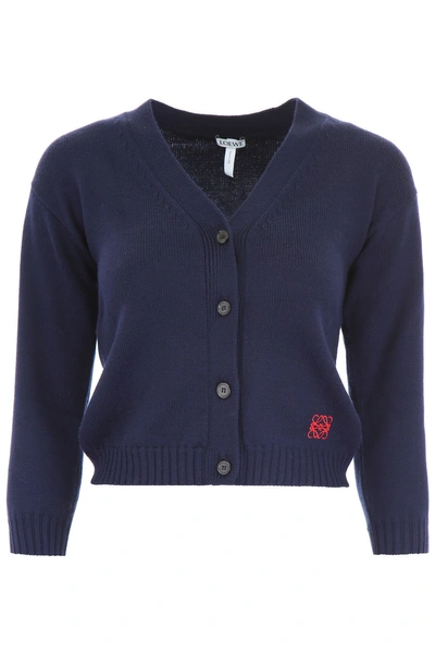 Shop Loewe Cardigan With Embroidered Logo In Navy Blue