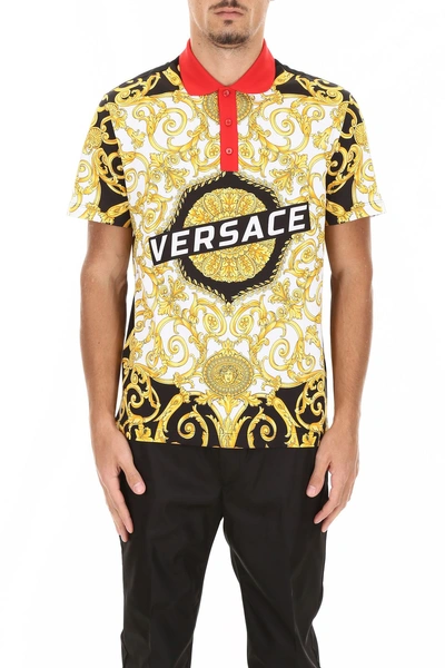Shop Versace Baroque Print Polo Shirt In Black Gold Red (yellow)