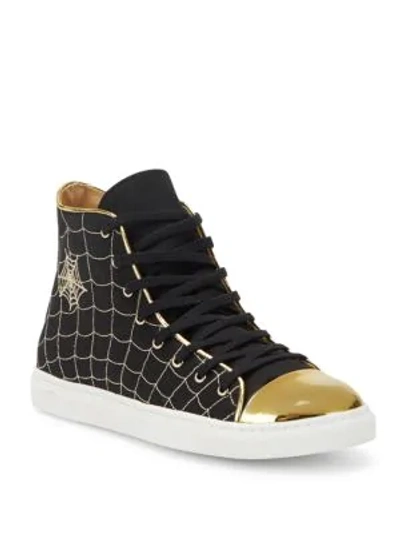 Shop Charlotte Olympia Metallic Web-embroidered Leather & Canvas Sneakers In Black Gold