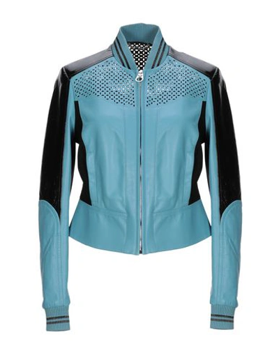 Shop Versace Leather Jacket In Sky Blue