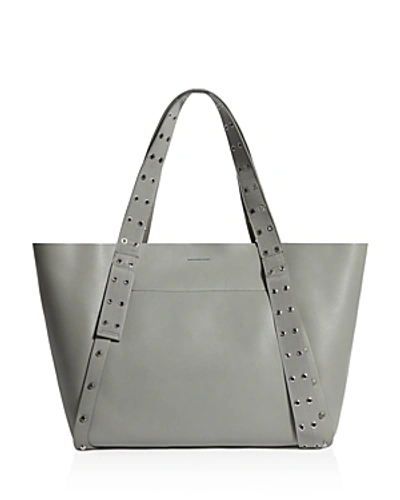 Shop Allsaints Sid East West Grommet & Stud Leather Tote In Blue Gray/silver