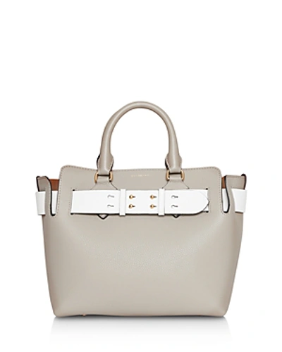 Shop Burberry Small Leather Belted Tote In Mineral Gray/gold