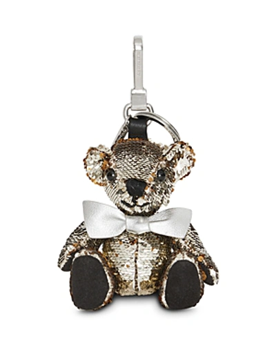 Shop Burberry Thomas Bear Charm In Sequin & Leather In Silver