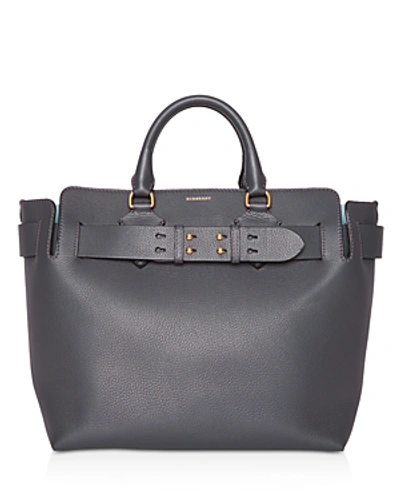 Shop Burberry Medium Leather Belted Tote In Charcoal Gray/silver