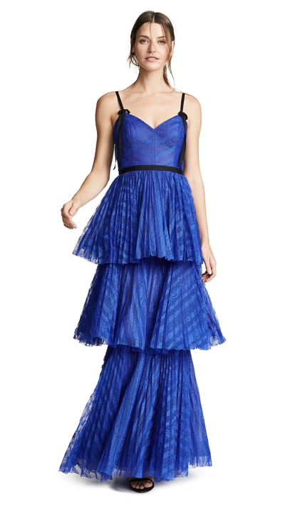 Shop Marchesa Notte Sleeveless Striped Lace Tiered Gown In Royal