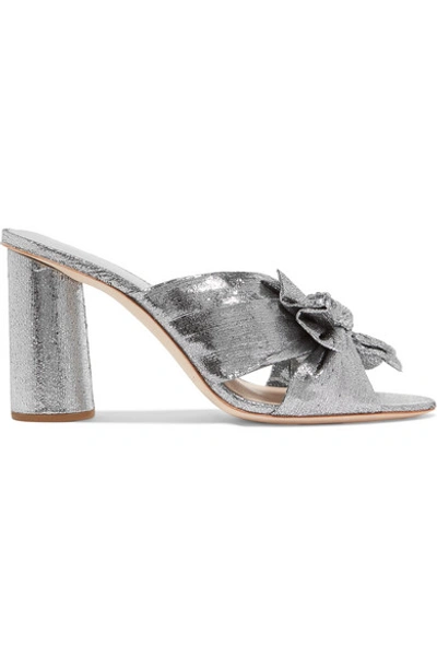 Shop Loeffler Randall Penny Bow-embellished Plissé-lamé Mules In Silver