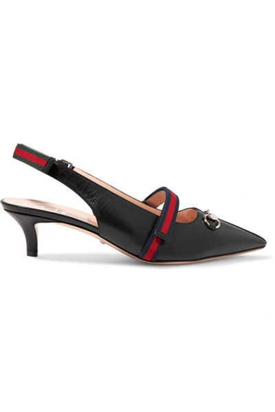 Shop Gucci Horsebit-detailed Grosgrain-trimmed Leather Slingback Pumps