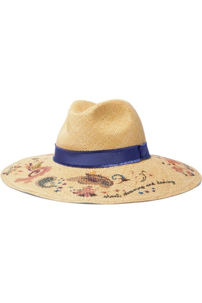 Shop Etro Grosgrain-trimmed Floral-print Straw Hat In Beige