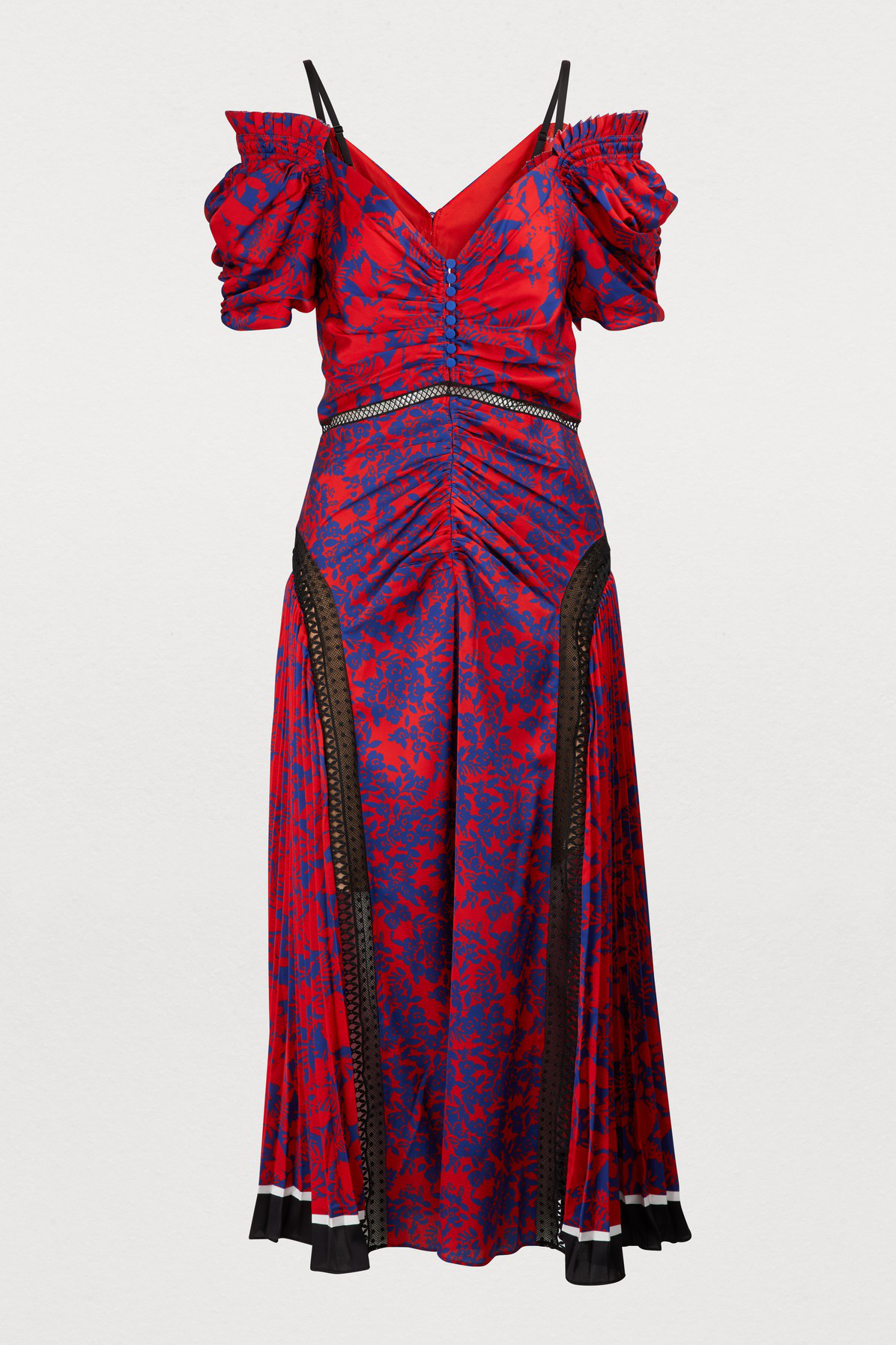 Self-portrait Off-the-shoulder Lace-panelled Printed Satin Midi Dress