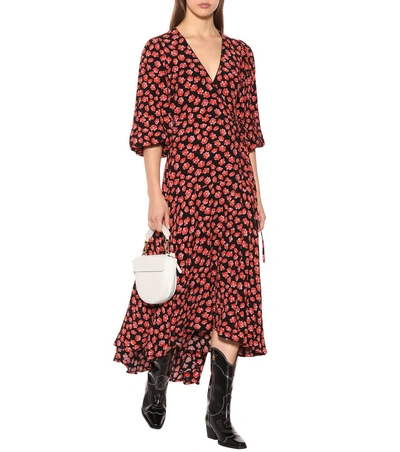 Shop Ganni Printed Crêpe Wrap Dress In Red