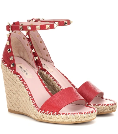 Shop Valentino Rockstud Leather Wedge Espadrilles In Red
